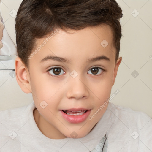 Joyful white child male with short  brown hair and brown eyes