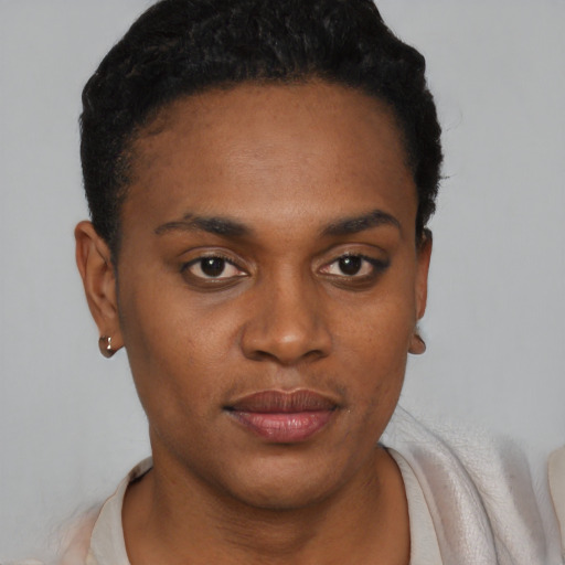 Neutral black young-adult female with short  black hair and brown eyes
