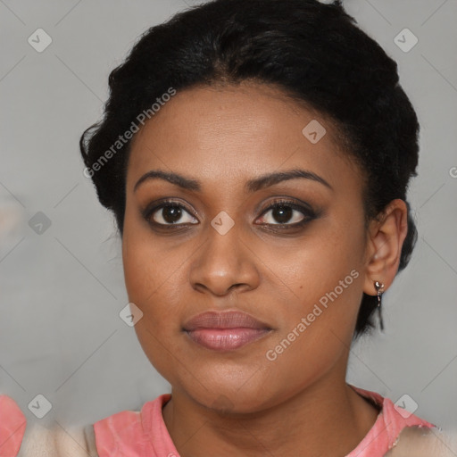 Joyful black young-adult female with medium  black hair and brown eyes