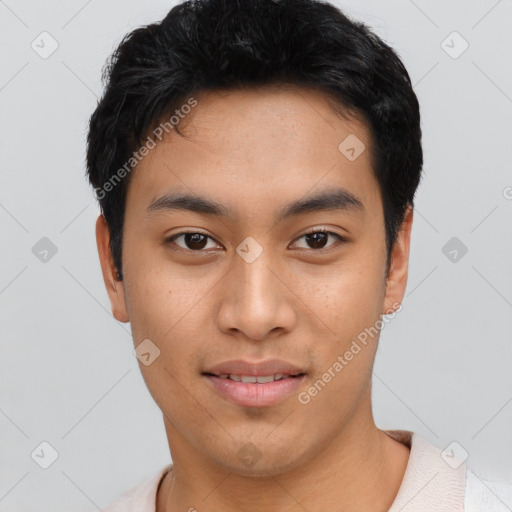 Joyful asian young-adult male with short  black hair and brown eyes