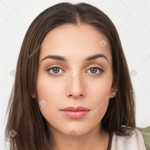 Neutral white young-adult female with long  brown hair and brown eyes