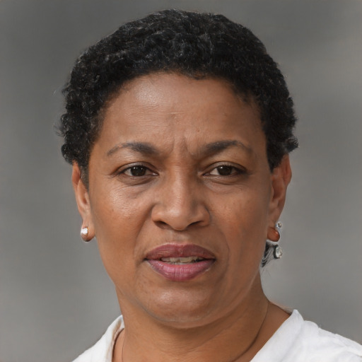 Joyful black adult female with short  brown hair and brown eyes