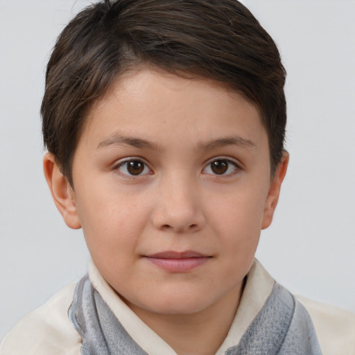 Joyful white child female with short  brown hair and brown eyes