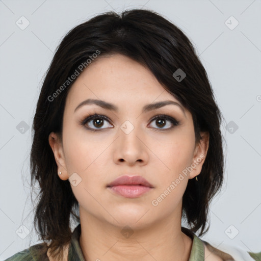 Neutral asian young-adult female with medium  brown hair and brown eyes