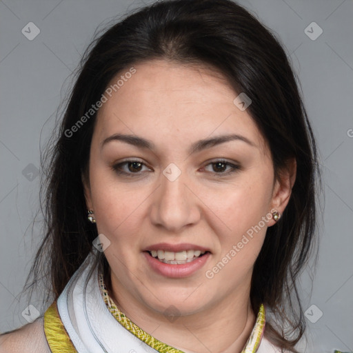 Joyful white young-adult female with medium  brown hair and brown eyes