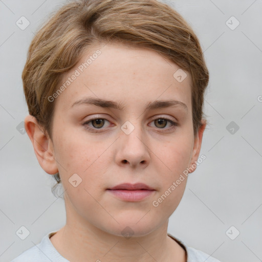 Neutral white young-adult female with short  brown hair and brown eyes