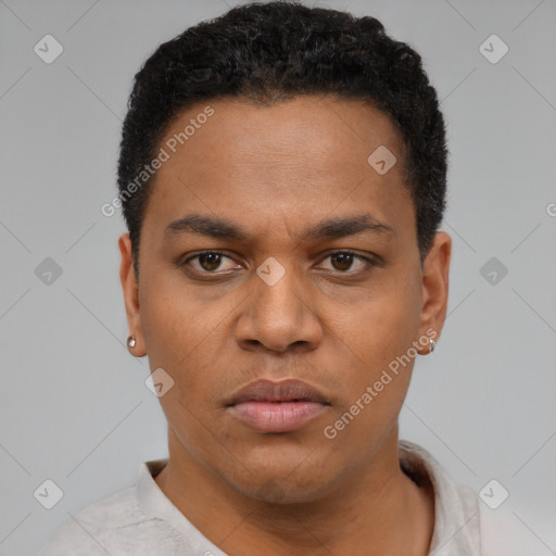 Neutral black young-adult male with short  black hair and brown eyes