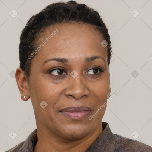 Joyful black adult female with short  brown hair and brown eyes