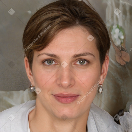 Joyful white adult female with medium  brown hair and blue eyes