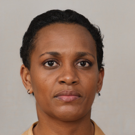 Neutral black young-adult female with short  brown hair and brown eyes