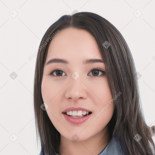 Joyful white young-adult female with long  black hair and brown eyes