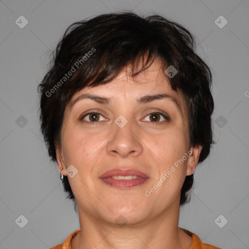 Joyful white adult female with medium  brown hair and brown eyes