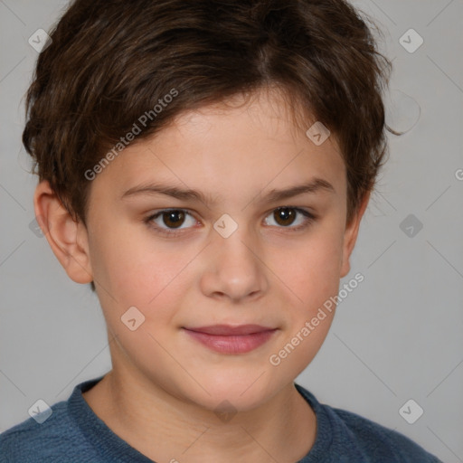 Joyful white child female with medium  brown hair and brown eyes