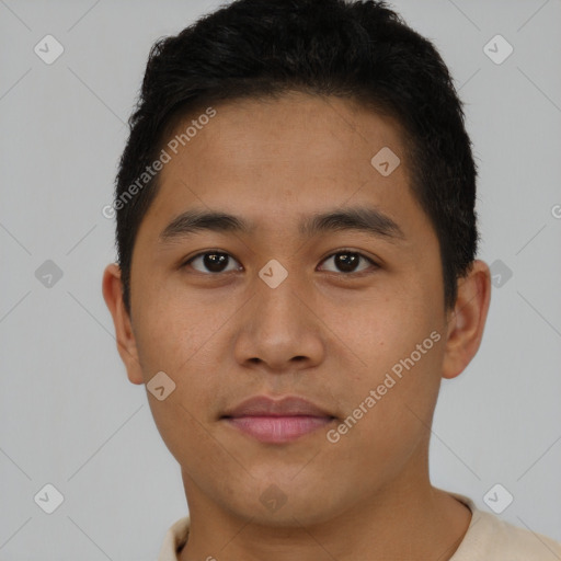 Neutral asian young-adult male with short  brown hair and brown eyes