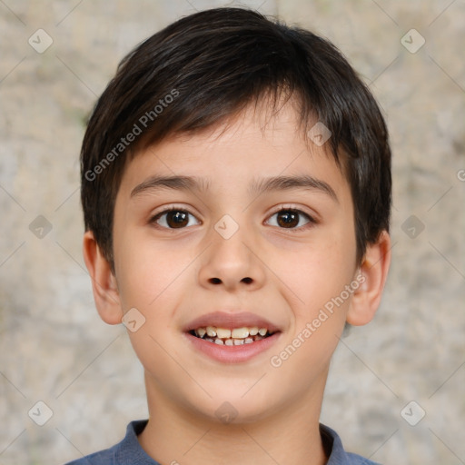 Joyful white child male with short  brown hair and brown eyes