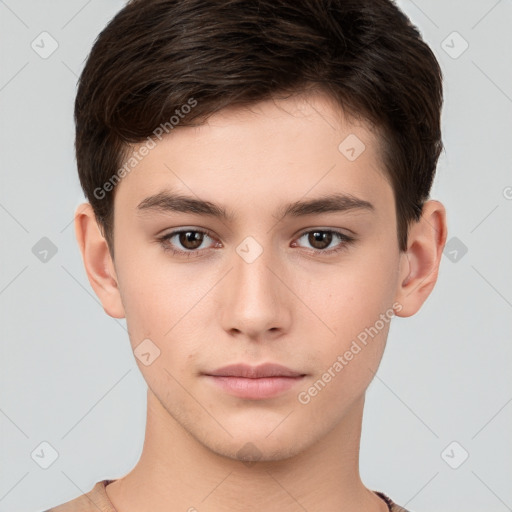 Neutral white young-adult male with short  brown hair and brown eyes