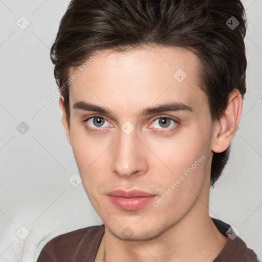 Neutral white young-adult male with short  brown hair and brown eyes