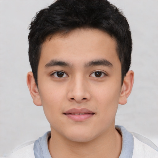 Neutral asian child male with short  brown hair and brown eyes