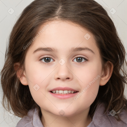 Joyful white child female with medium  brown hair and brown eyes