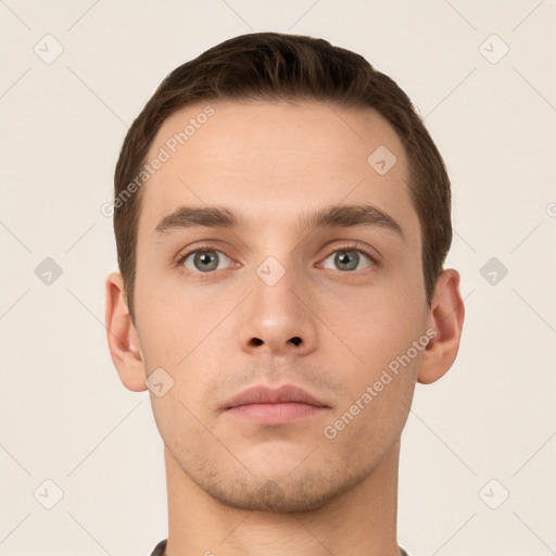 Neutral white young-adult male with short  brown hair and brown eyes