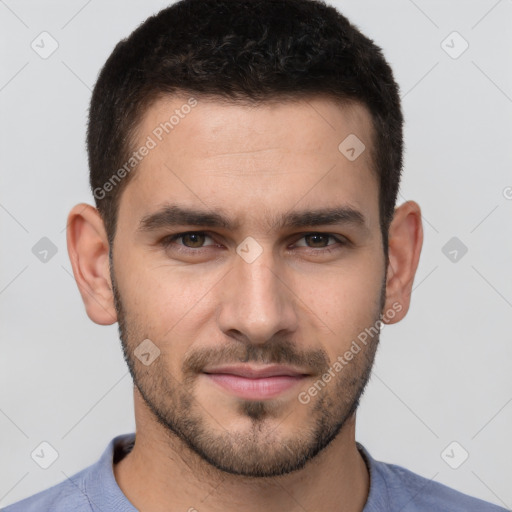 Neutral white young-adult male with short  brown hair and brown eyes