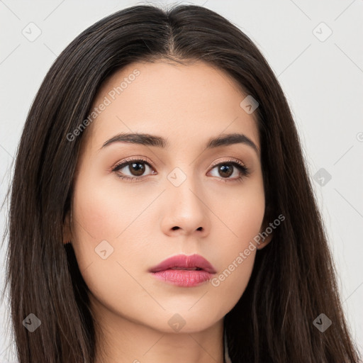 Neutral white young-adult female with long  brown hair and brown eyes