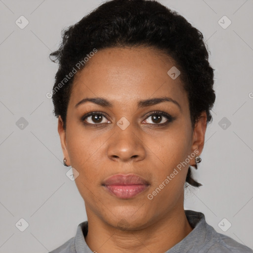 Neutral black young-adult female with short  black hair and brown eyes