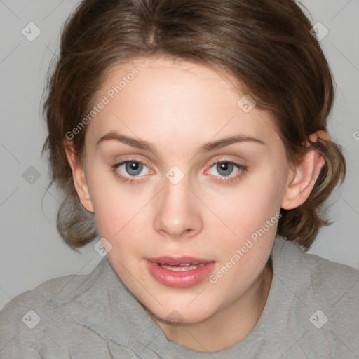 Joyful white young-adult female with medium  brown hair and blue eyes