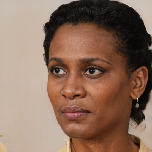 Neutral black young-adult female with short  black hair and brown eyes