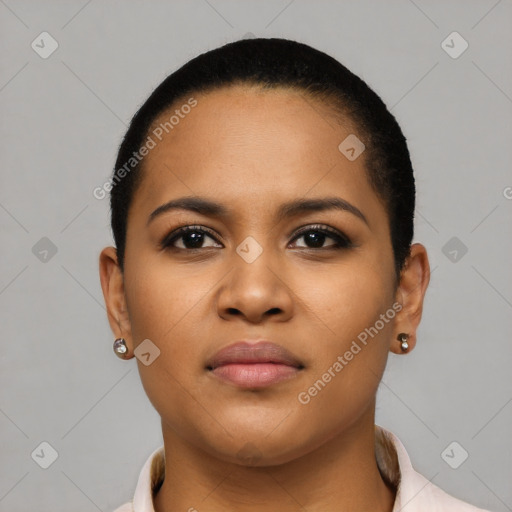 Neutral latino young-adult female with short  brown hair and brown eyes