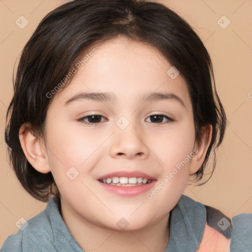 Joyful white child female with medium  brown hair and brown eyes