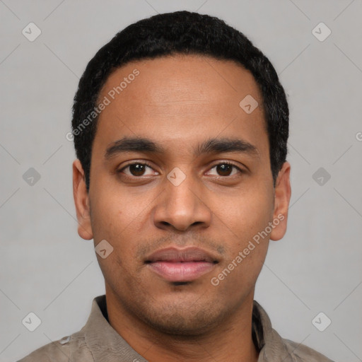 Neutral latino young-adult male with short  black hair and brown eyes