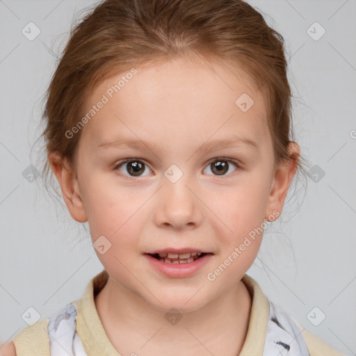 Joyful white child female with medium  brown hair and brown eyes