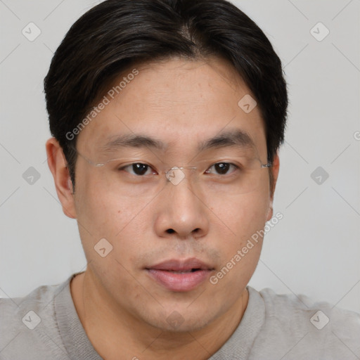 Neutral asian young-adult male with short  brown hair and brown eyes