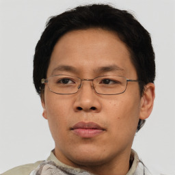 Neutral asian adult male with short  brown hair and brown eyes