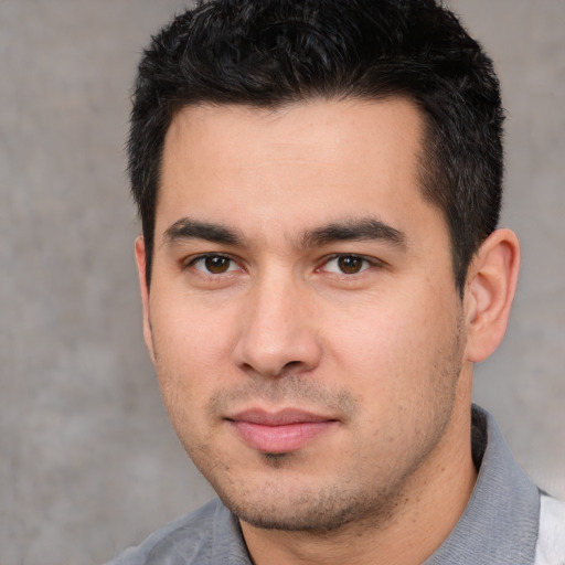 Neutral white young-adult male with short  black hair and brown eyes