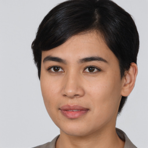 Neutral asian young-adult female with medium  black hair and brown eyes