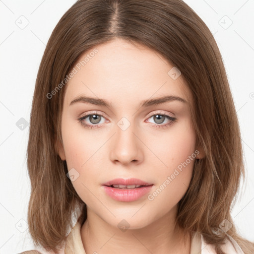 Neutral white young-adult female with long  brown hair and brown eyes