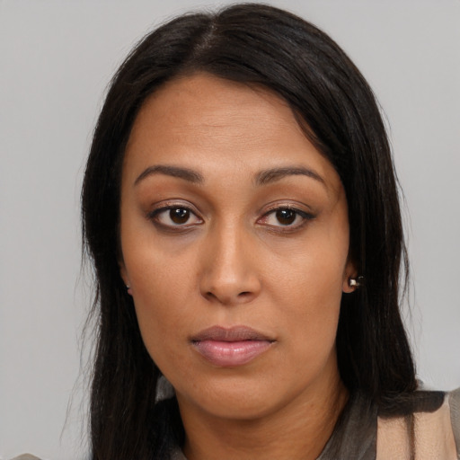 Neutral asian young-adult female with long  brown hair and brown eyes
