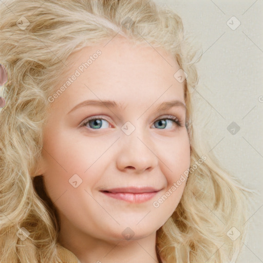 Joyful white young-adult female with long  blond hair and blue eyes