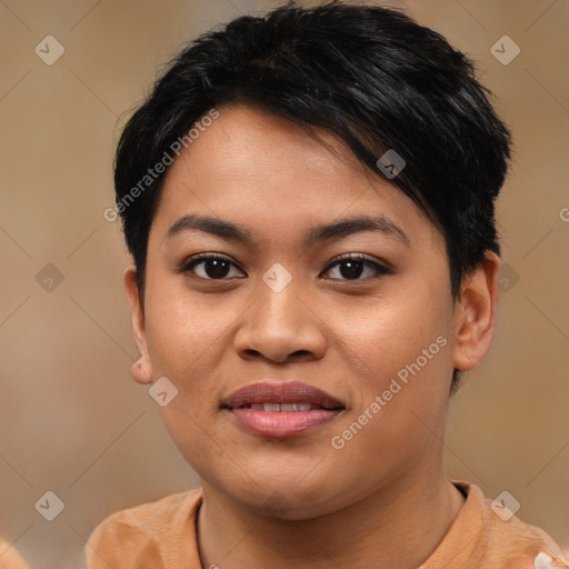 Joyful asian young-adult female with short  brown hair and brown eyes