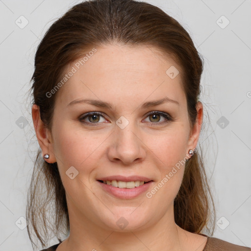 Joyful white young-adult female with medium  brown hair and grey eyes