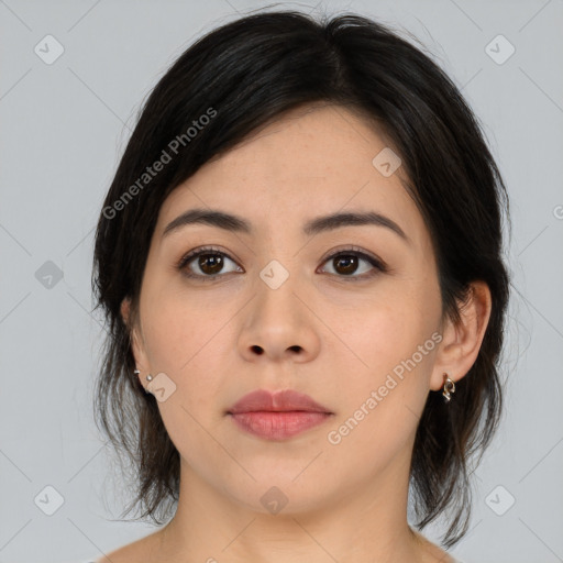 Neutral asian young-adult female with medium  brown hair and brown eyes