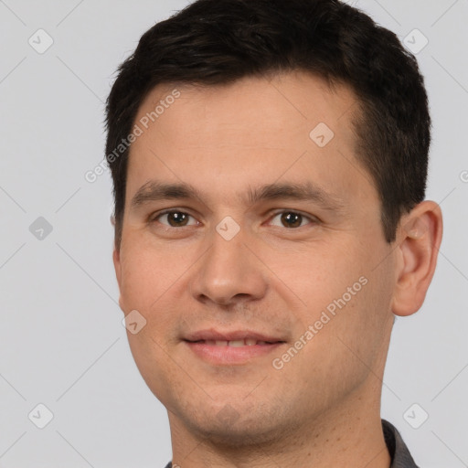 Joyful white young-adult male with short  brown hair and brown eyes