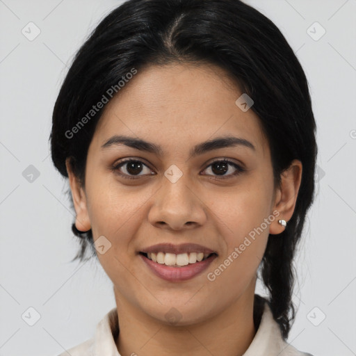 Joyful asian young-adult female with medium  black hair and brown eyes