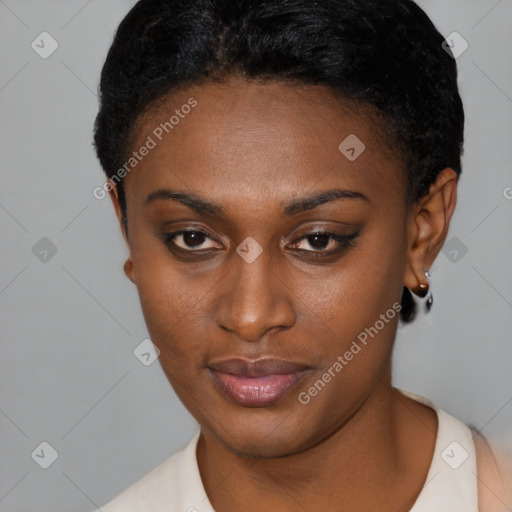 Joyful black young-adult female with short  black hair and brown eyes