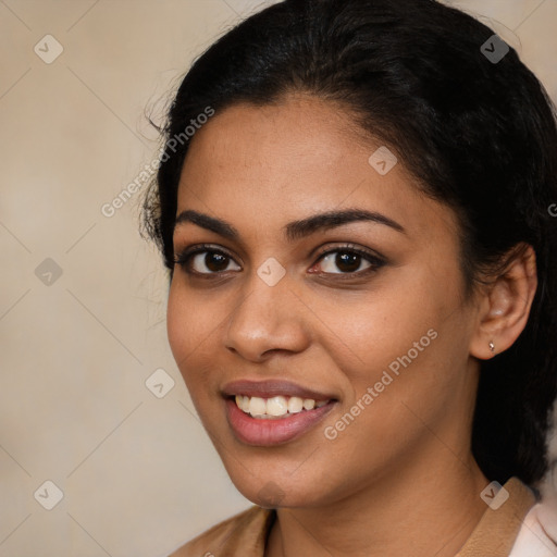 Joyful latino young-adult female with medium  black hair and brown eyes