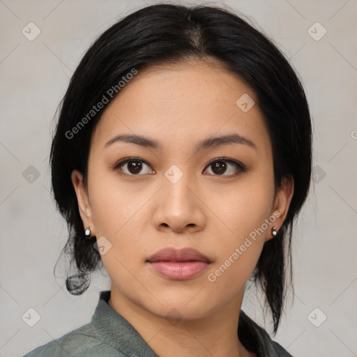 Neutral asian young-adult female with medium  black hair and brown eyes