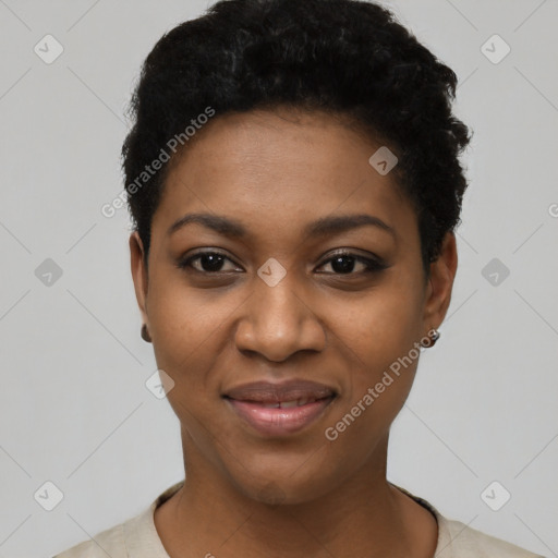 Joyful black young-adult female with short  black hair and brown eyes