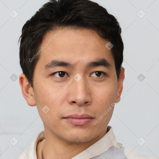 Neutral asian young-adult male with short  brown hair and brown eyes